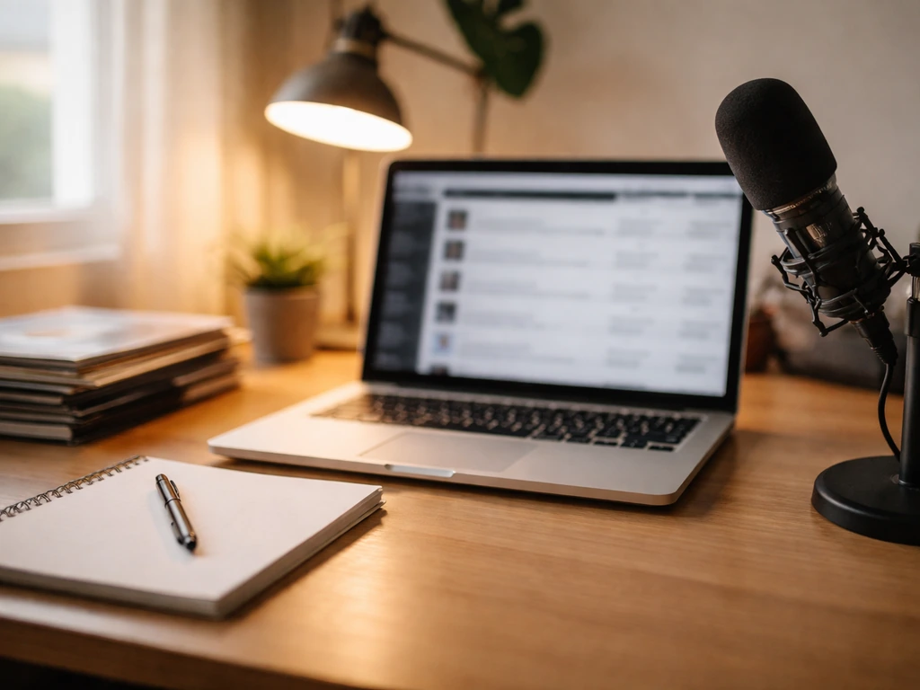 Minimal desk scene with a laptop, studio microphone, and music records suggesting public data research.