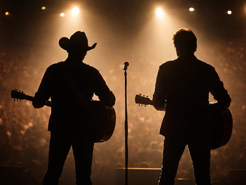 Anonymous country music duo silhouettes with guitars under warm stage lights in a quiet arena setting.