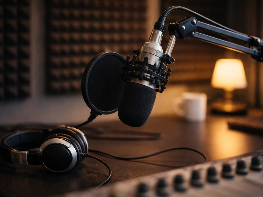 Radio studio on-air desk with microphone, headphones, and acoustic foam in a minimal setup.