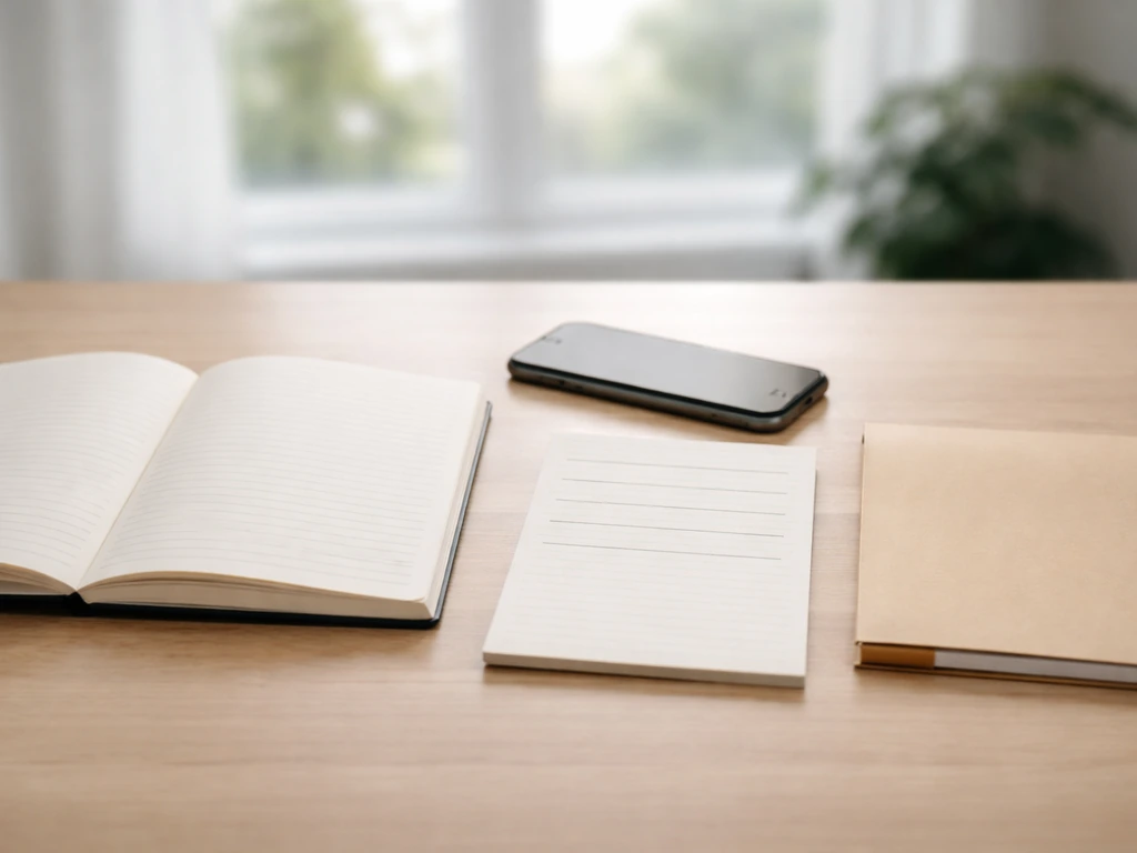 Minimal office desk with an open notebook and blank notepad lines suggesting a comparison of estimates near $45M.