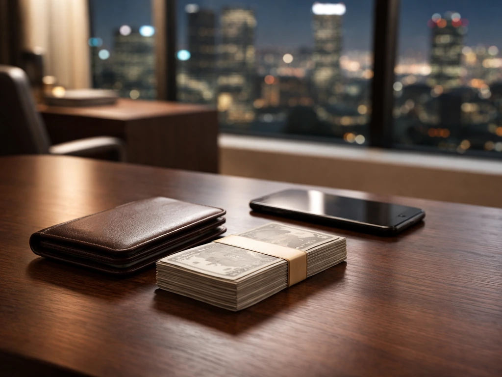Minimal photo of a luxury desk setup with a smartphone, wallet, and blurred city skyline symbolizing wealth and net wort