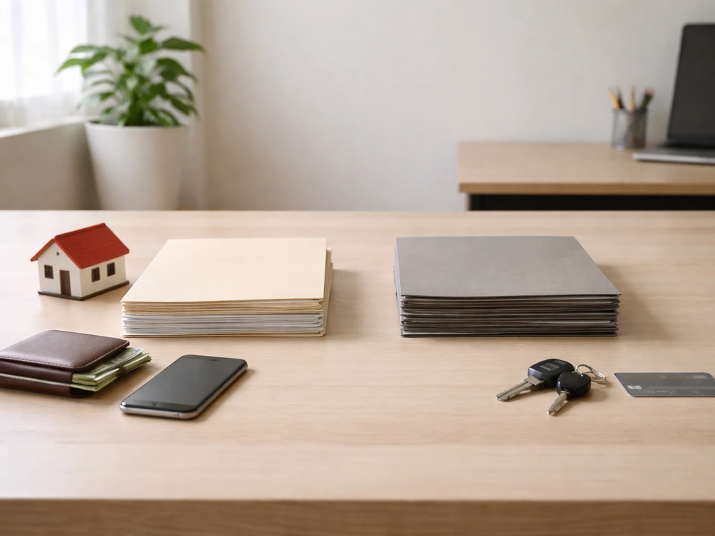 Clean office desk with symbolic objects showing assets vs liabilities for a net worth estimate.