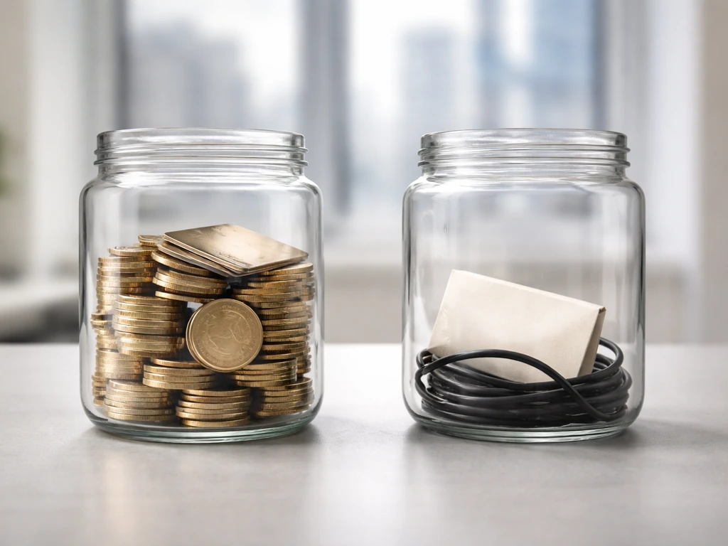 Two jars side by side on a desk: one filled with coins, the other heavier with debt-like items.