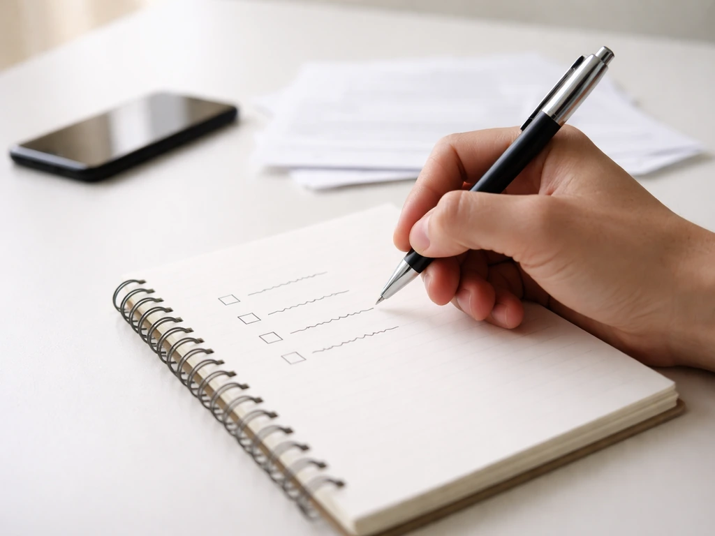 Hand holding a pen next to an open notebook with a simple checklist of research steps