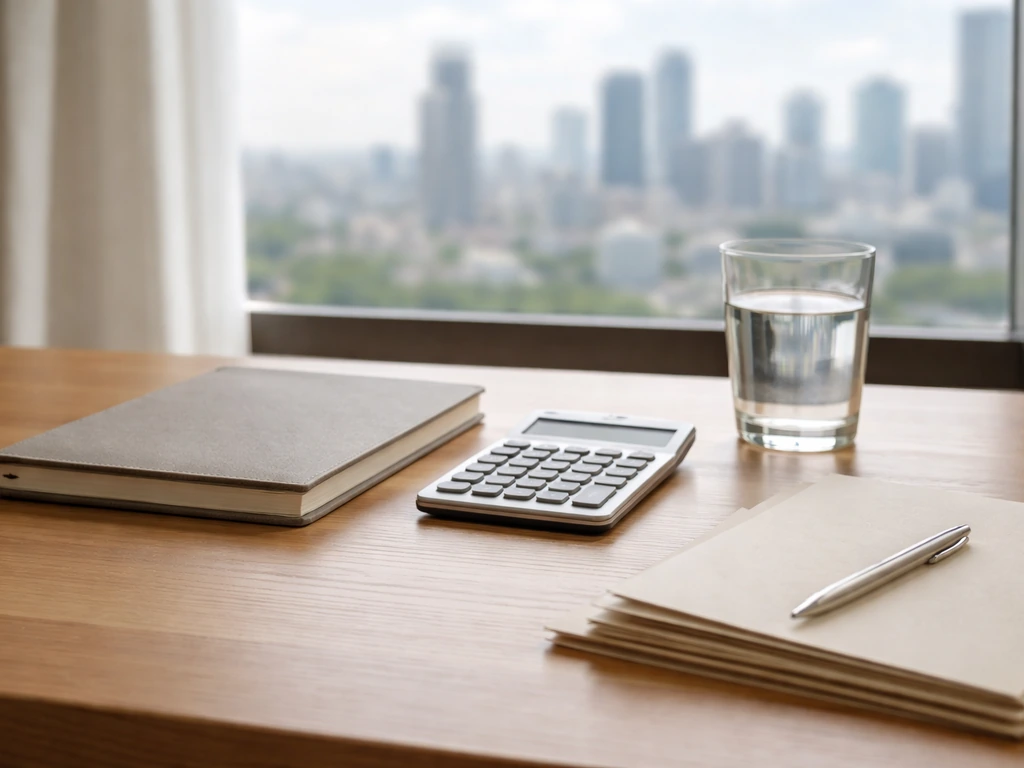 Minimal desk scene with calculator and notebook, with a blurred city skyline suggesting financial estimation ranges.