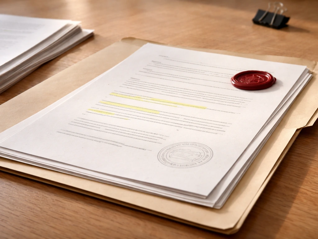 Open folder of estate and trust documents with wax seal and stamp on a wooden desk.