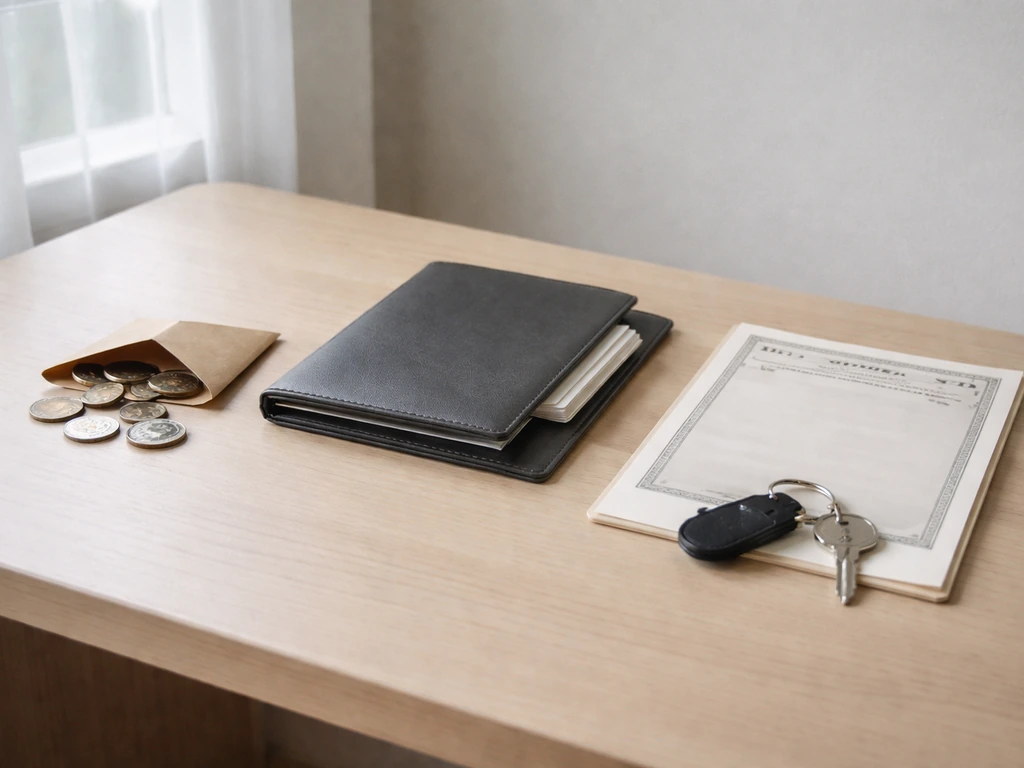 Minimal desk scene showing anonymous investment and ownership items representing income streams and assets.