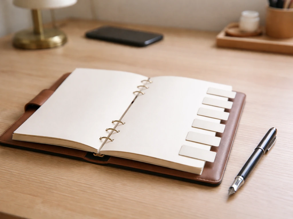 Open planner on a desk with blank timeline tabs and a pen, symbolizing career milestones and growth.