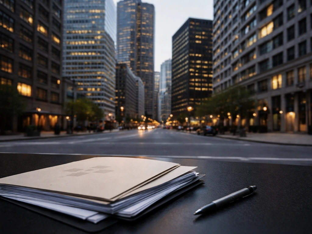 Minimal view of a Boston financial district street with blurred papers symbolizing wealth and investment analysis.