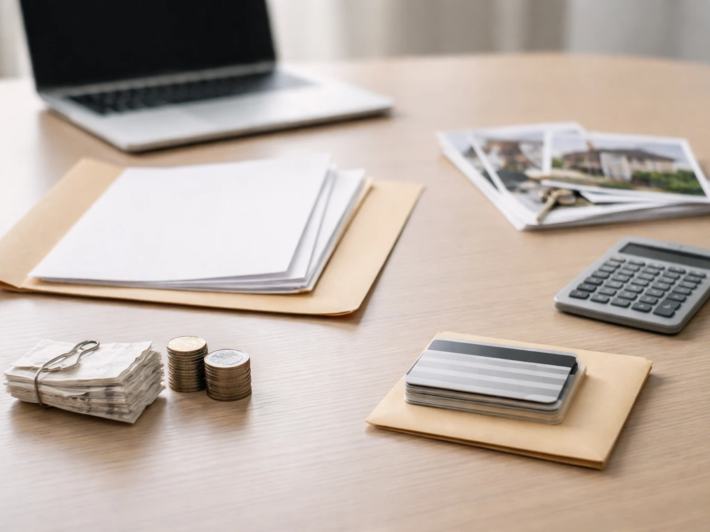Minimal desk scene with folder, laptop, and financial documents suggesting assets vs liabilities framework