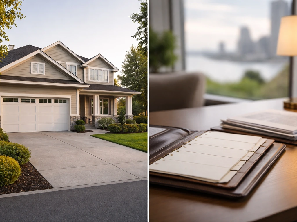 Split photo: a quiet suburban home exterior beside a tidy office binder and investment-style desk setup.