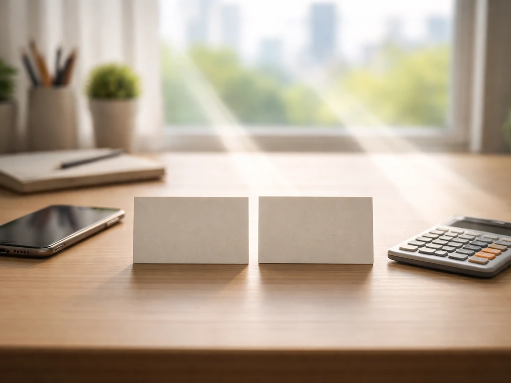 Minimal home-office desk with two blank finance cards beside a phone and calculator, blurred city background.