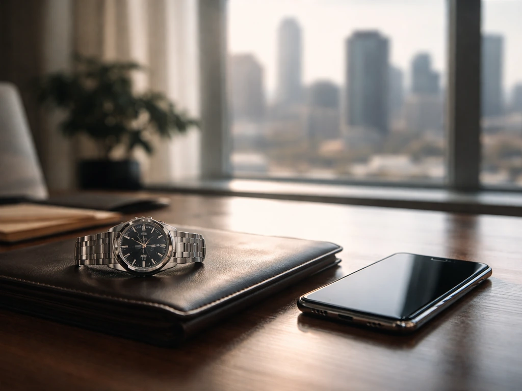 Minimal desk scene with luxury watch and closed portfolio beside a city skyline window.