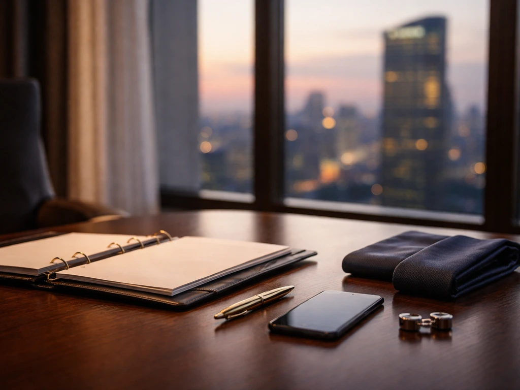 Luxury office desk with a business tie and a blurred city skyline suggesting executive wealth building