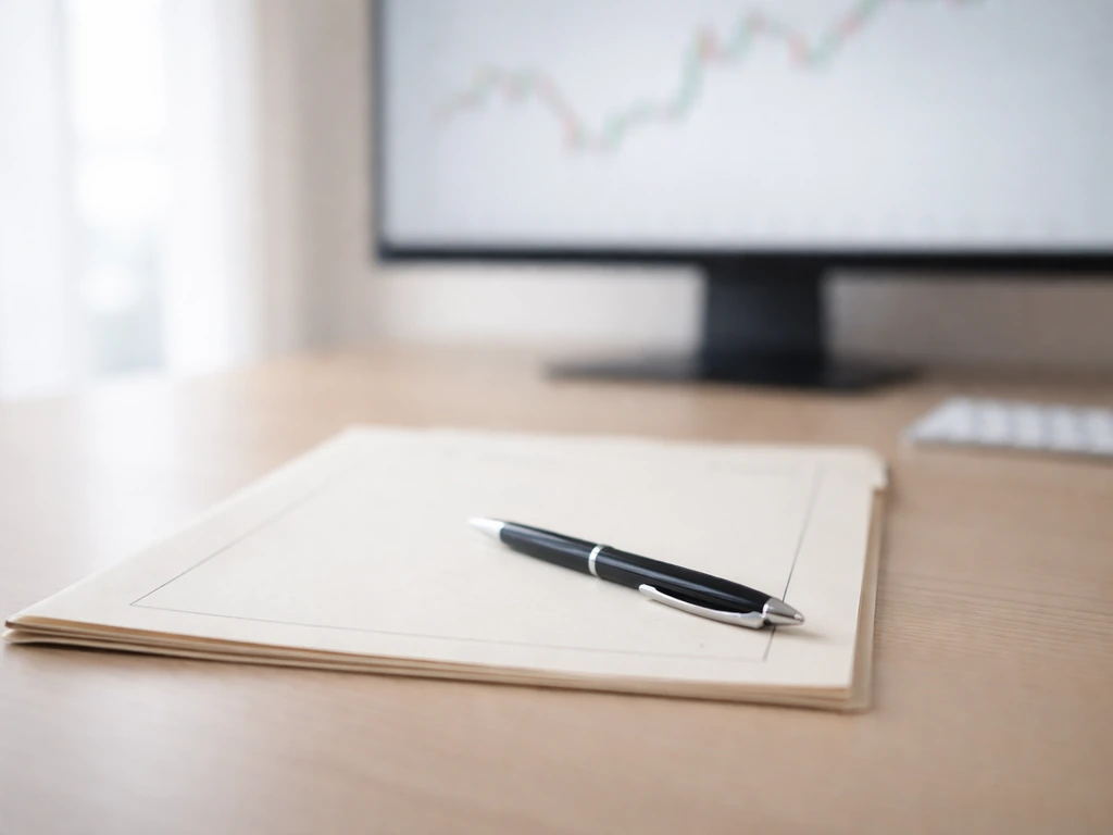 Close-up of a credit-card-sized Form 4 document folder and pen on a clean desk beside a stock-quote monitor, no text.
