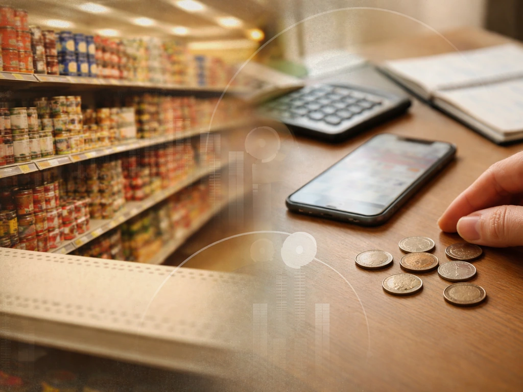 Minimal collage of a vintage supermarket aisle blended with coins and a finance desk for net worth estimation.