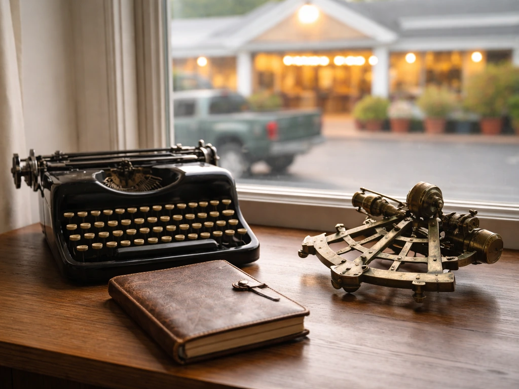 Minimal office desk with a typewriter and navigator sextant, with a blurred supermarket storefront outside.
