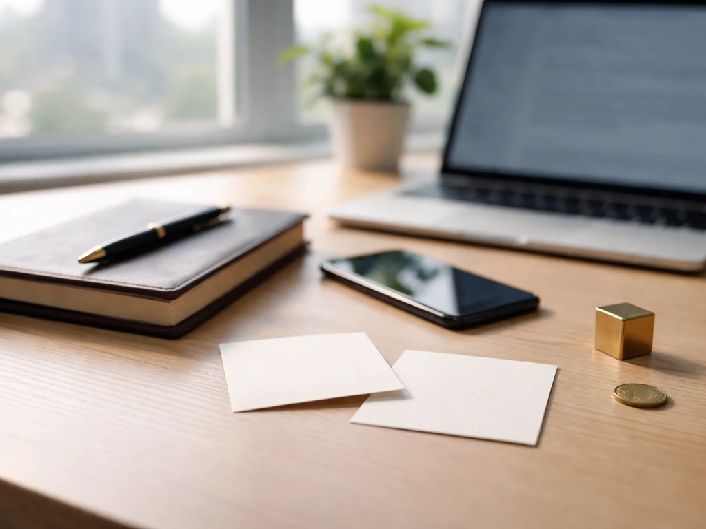 Minimal office scene with a notebook, coffee, and a blurred computer showing ambiguous finance ranges
