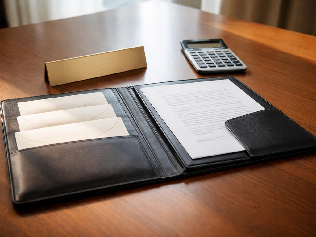 Minimal CEO desk with three unlabeled envelopes and documents implying compensation components.