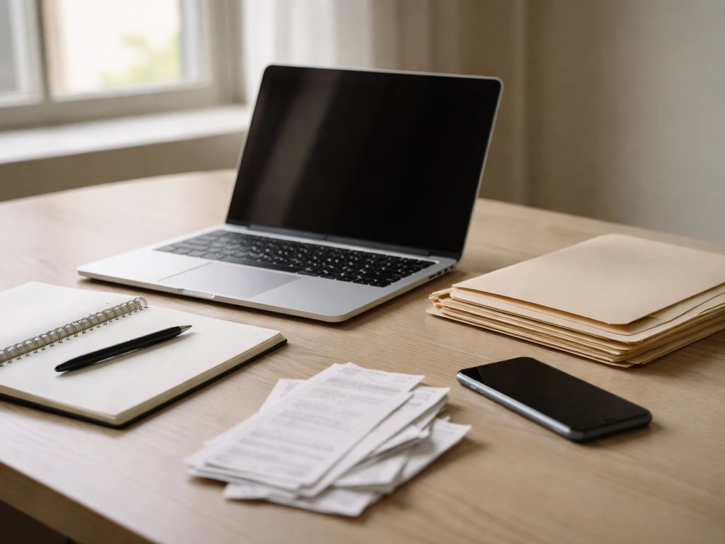 Minimal photo of a laptop, legal documents, and a folder beside a window, symbolizing public-record verification.