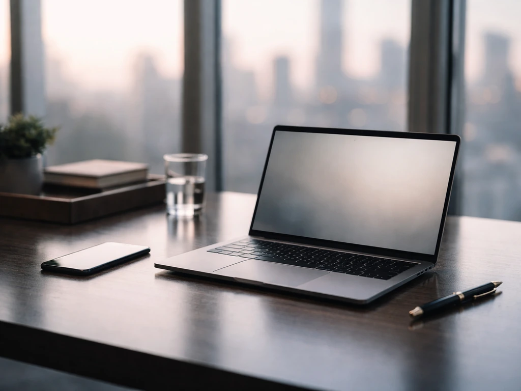 Minimal photo of a Wall Street-style office desk with a lit laptop and finance-themed lighting, symbolizing net worth in