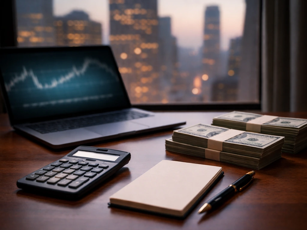 Minimal photo of a finance desk with a laptop, calculator, and scattered bills symbolizing investment net worth estimate