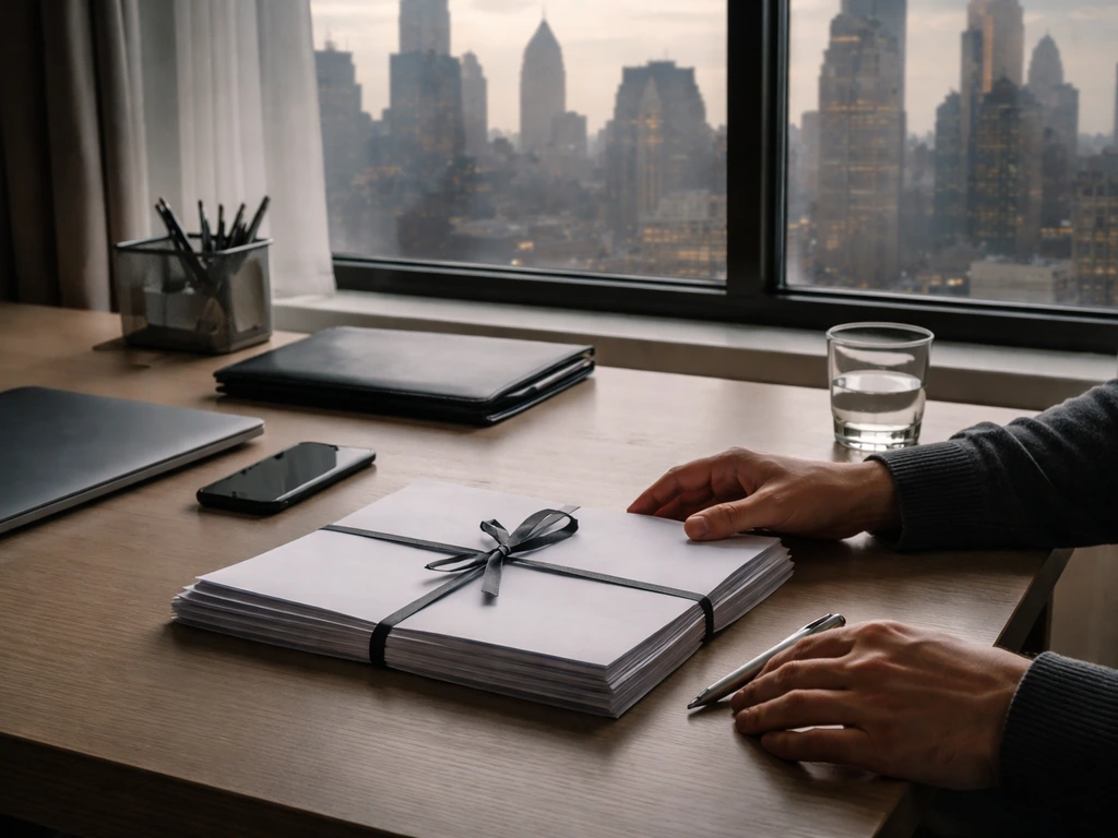 Anonymous investor’s hands at a desk with untitled documents, Wall Street skyline view, evoking an investment fund era.