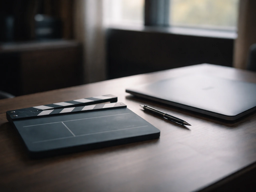 Minimal photo of a film production clapboard beside a laptop in a quiet office, suggesting an executive producer credit.