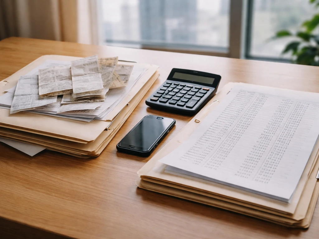 Minimal office desk with two sets of financial papers and calculator, symbolizing differing money estimates.
