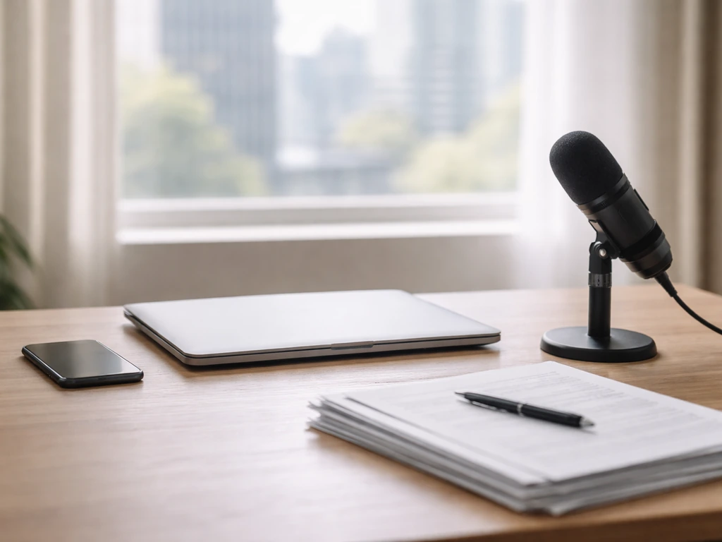 Minimal office desk scene with microphone, documents, and blurred city view symbolizing finance research