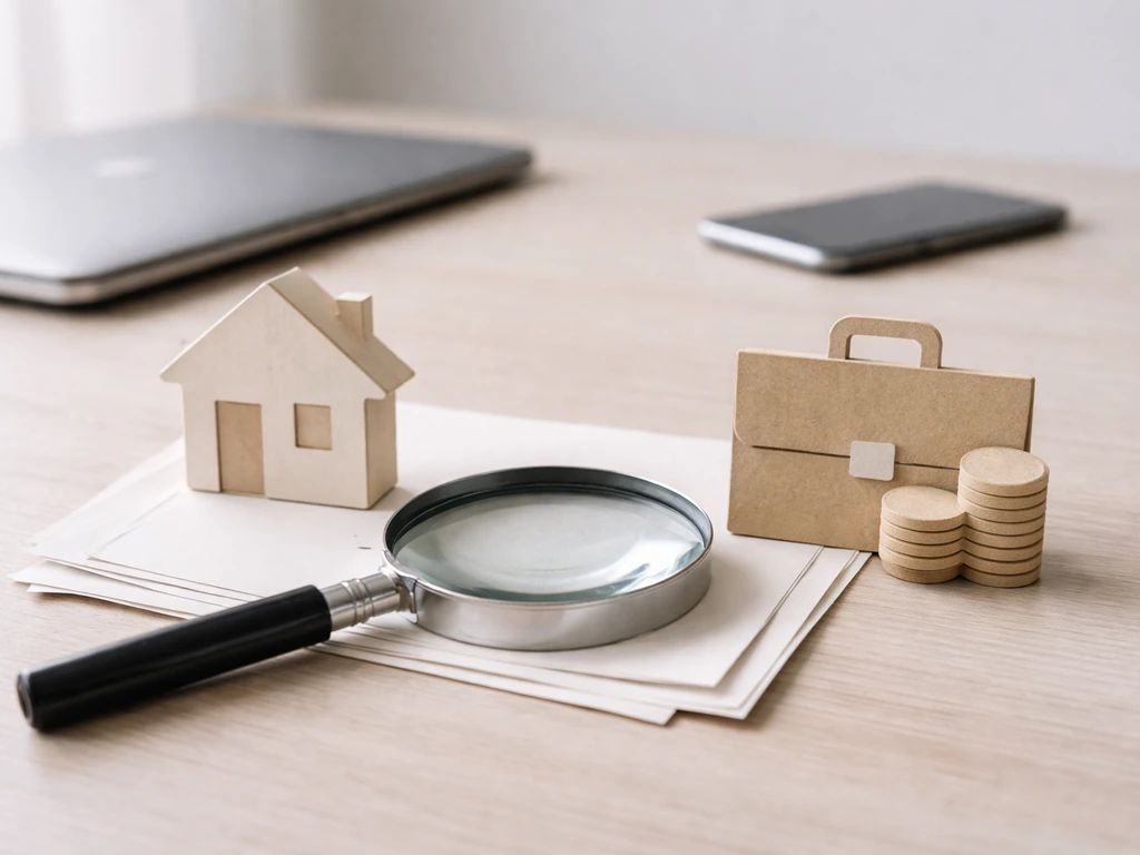 Magnifying glass inspecting a minimalist property and finance document scene on a desk