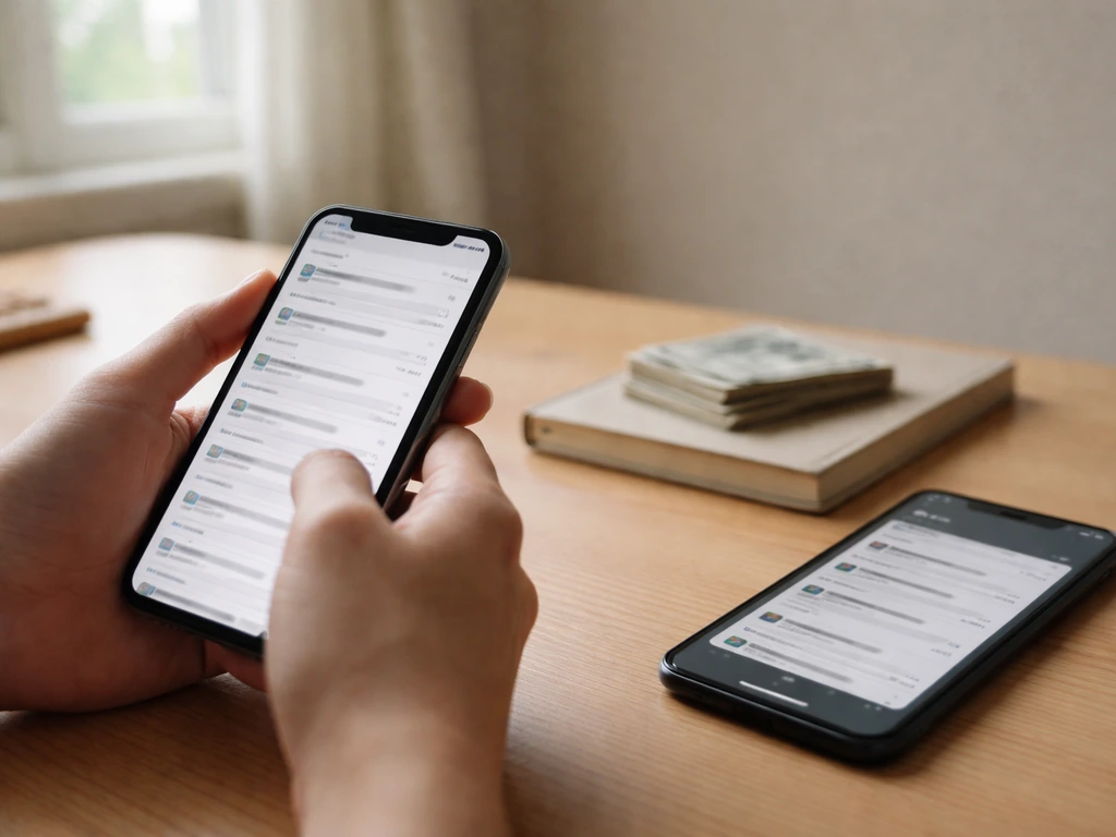 Minimal desk scene with two smartphones displaying blurred search-style cards and a stack of money nearby