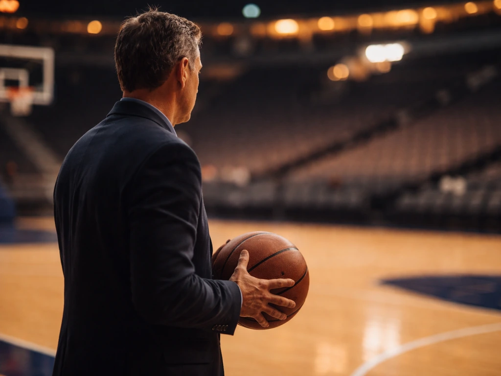 Milwaukee Bucks owner-like figure in a basketball arena, holding a basketball near court lights at dusk