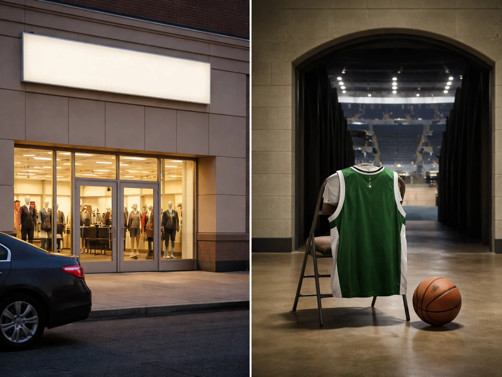 Quiet storefront scene beside a basketball-themed backdrop suggesting two wealth sources.
