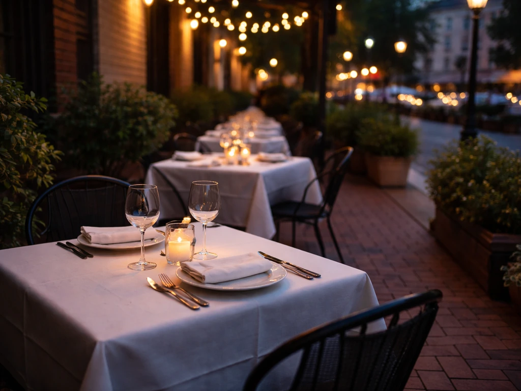 Warmly lit DC restaurant patio with set dining tables and chairs at dusk