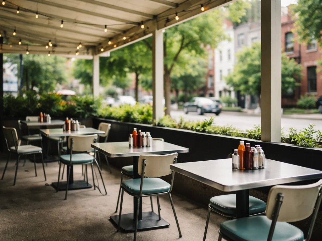 Covered outdoor patio of a diner in Washington, DC with diner-style tables under a canopy.