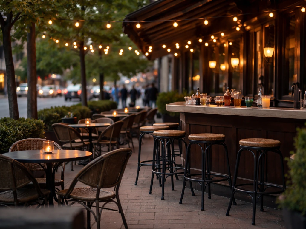 Outdoor seating and street-facing view of a Dupont Circle patio bar atmosphere in Washington, DC.