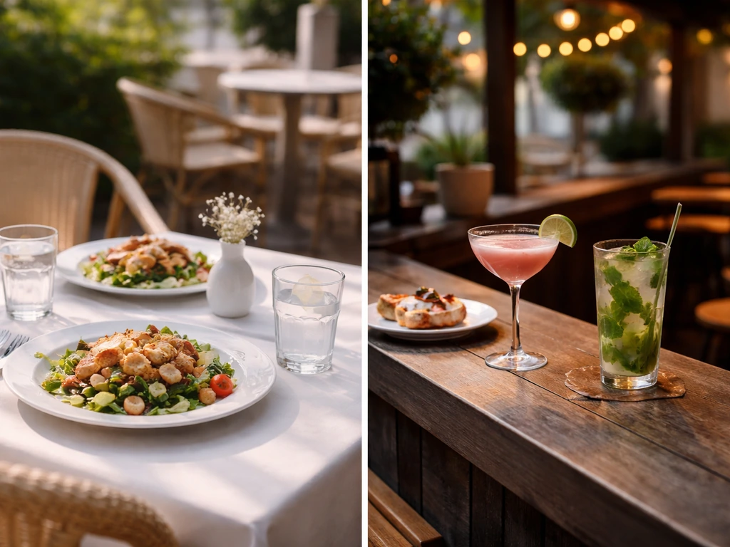 Split view of a shaded restaurant patio lunch table vs a bar patio with cocktails and bar-rail seating.