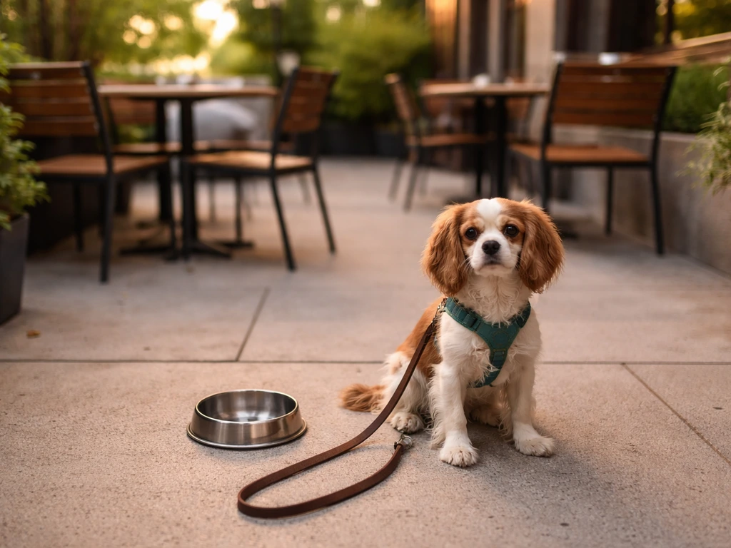 Leashed dog resting on an outdoor patio beside a water bowl, with empty group seating nearby.