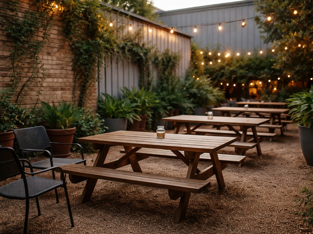 North Austin beer-garden style patio with wooden tables, greenery, and industrial elements outdoors.