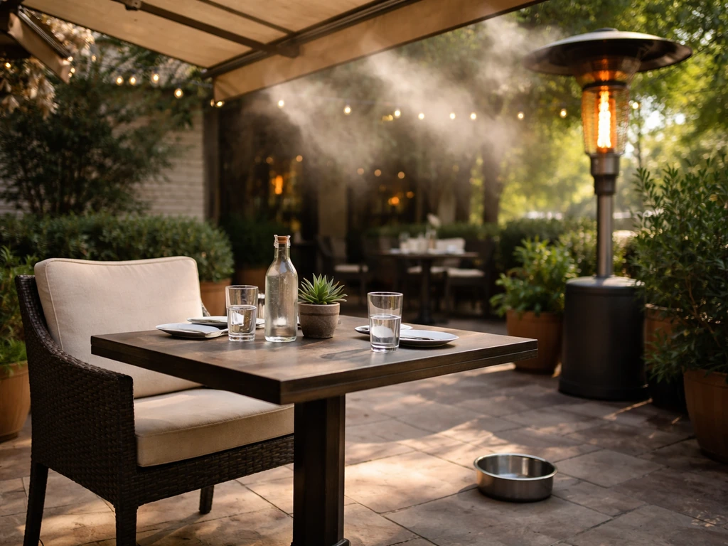 Minimal checklist-style patio arrival scene with covered seating, shade, heaters and pet-friendly cues