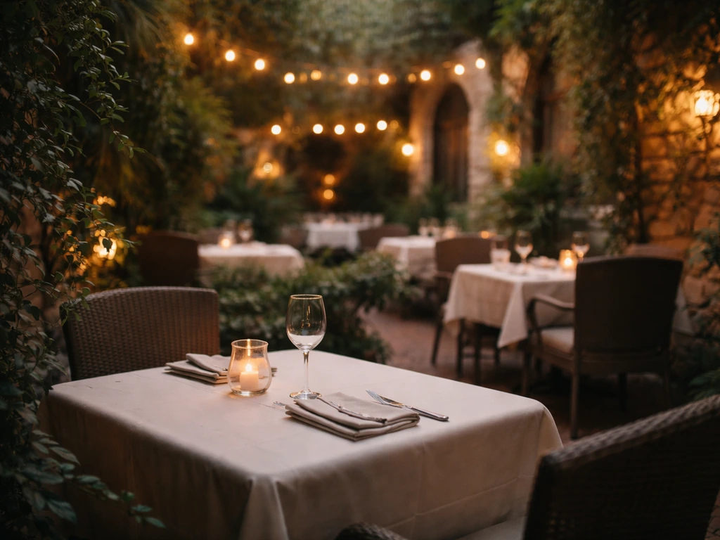 Moody warm outdoor patio at Café Monarch with lush greenery and intimate seating.