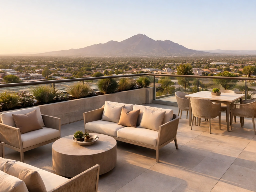 Upscale open-air rooftop patio overlooking Old Town Scottsdale from a Camelback Veranda-style terrace.
