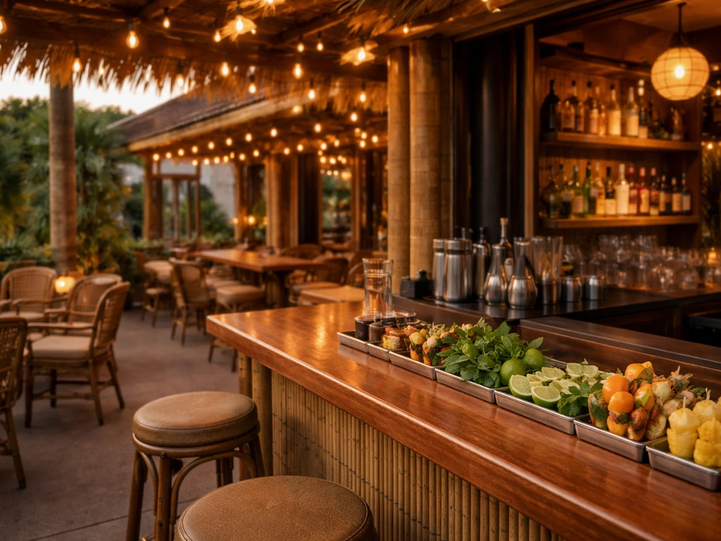 Airy street-side tiki patio with warm lights and a wooden bar counter set for cocktails.