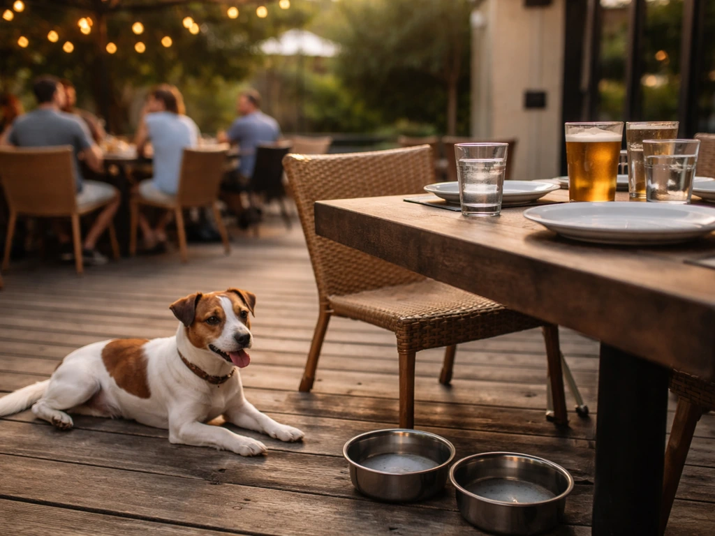 Dog resting beside water bowls on a welcoming outdoor patio dining table at a brewery.