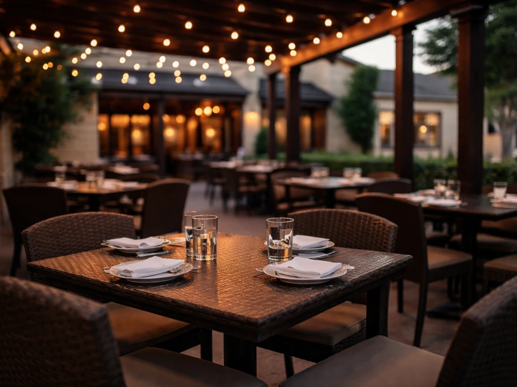 Covered patio dining area with warm lights and restaurant frontage in the background, no people visible.