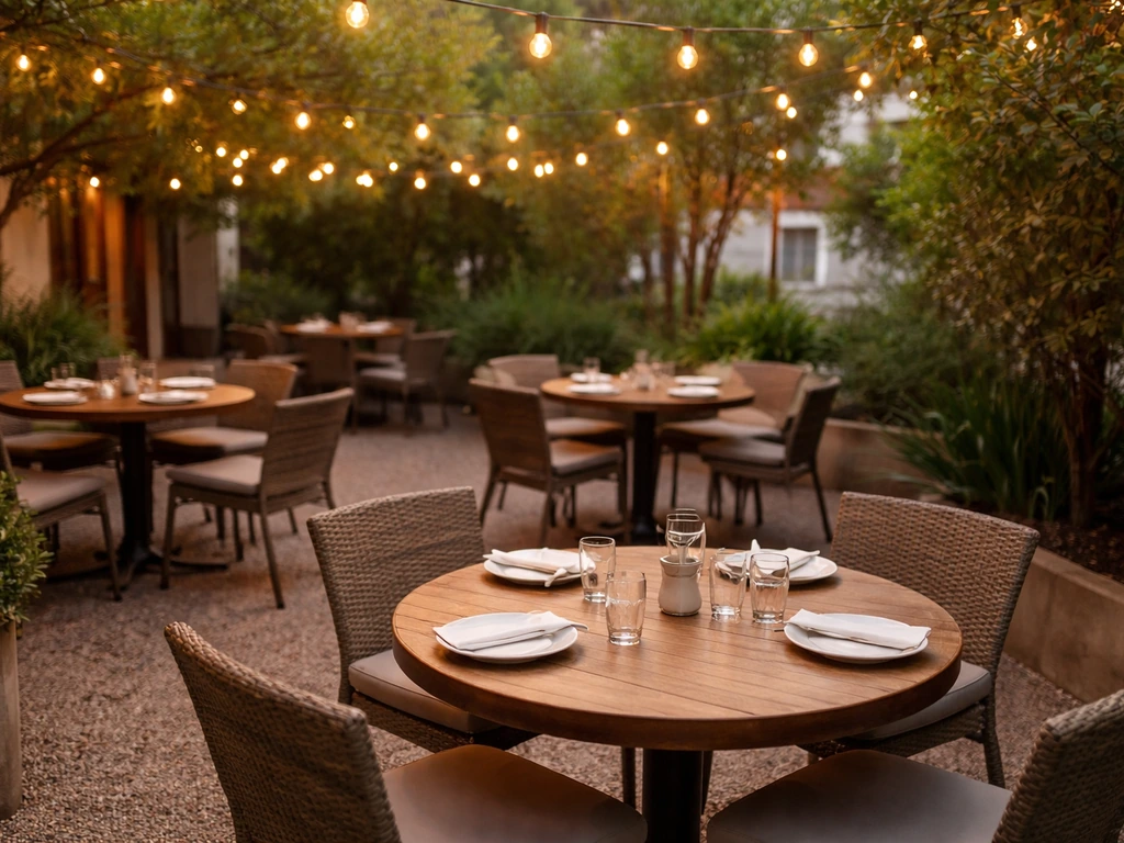Casual restaurant patio with wooden tables, woven chairs, warm lights, and greenery—family-friendly outdoor dining.