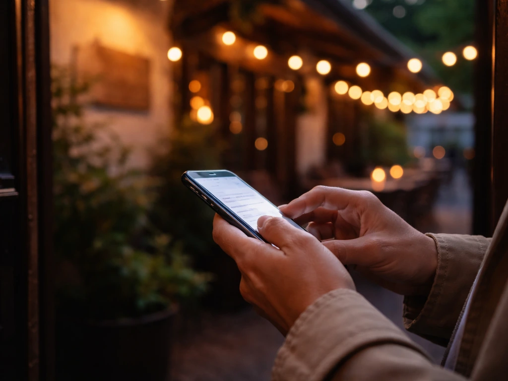 Anonymous hands checking a phone for restaurant hours outside a softly lit patio at dusk.