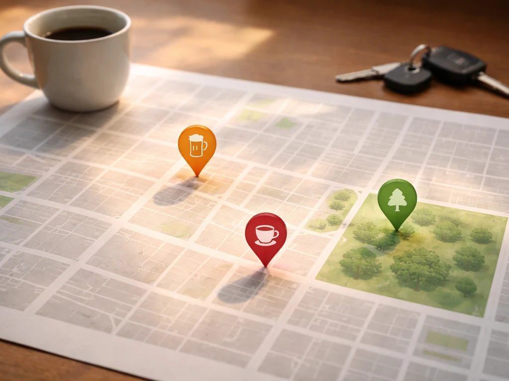 Minimal overhead photo of a city street map with subtle venue icons for breweries and cafes, no text.