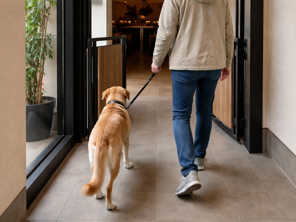 Calm dog and owner quietly entering through a designated pet entrance with leash held short.